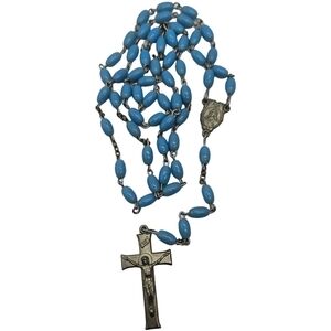 Blue Beaded Rosary Necklace with Crucifix